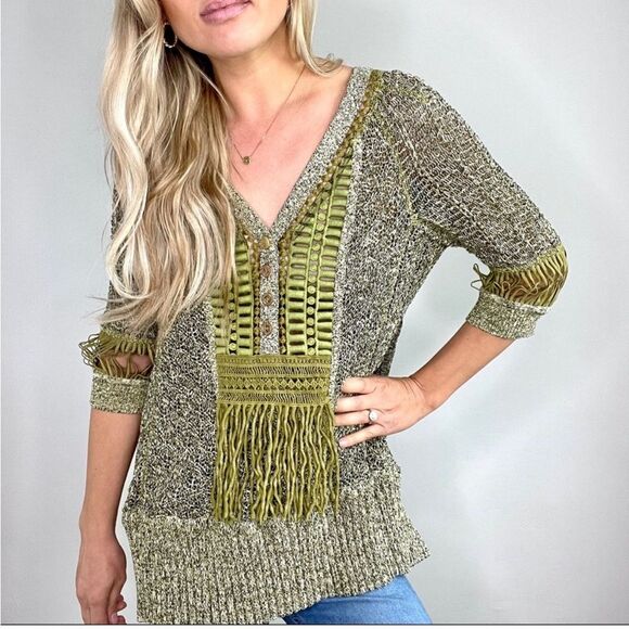 Byron Lars Green Knit Fringe Top with Buttons at Chest Size 4 - Picture 10 of 14
